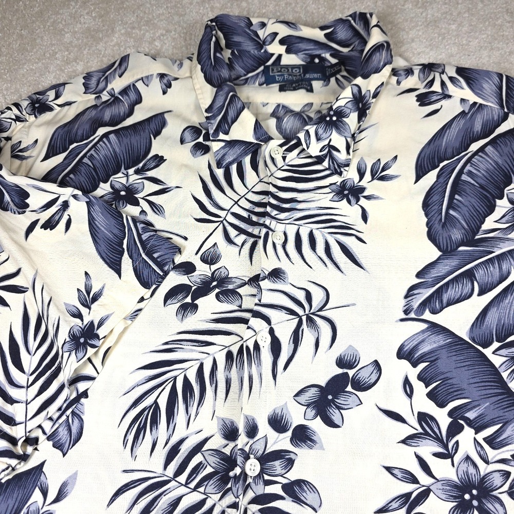 Polo By Ralph Lauren Shirt Mens 2XL Blue White Floral Hawaiian Clayton Button-Up